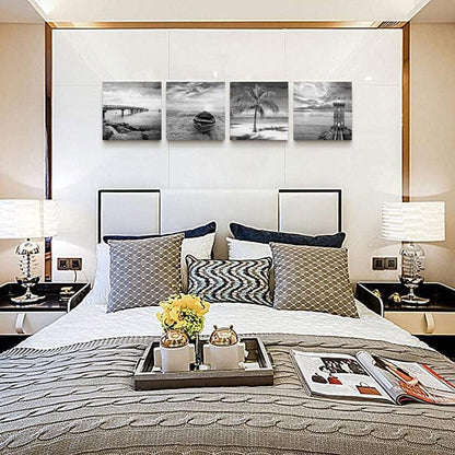 Yxbhhym- Black and White Beach Wall Art Seascape Scenery Canvas Wall Picture Print Sea Palm Poster Painting Office Décor Bedroom Bathroom Wall Art Living Room Home Kitchen Wall Decoration Framed