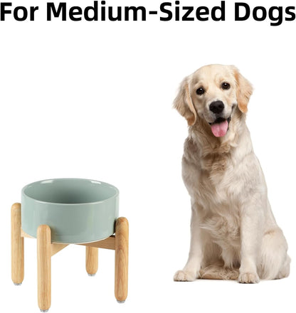 Ceramic 7.3inch Raised Dog Bowl Set, Elevated with Wooden Stand, Food and Water Bowl for Medium Breed Dogs, Weighted Dog Dishes, Pet Feeder(Light Green)