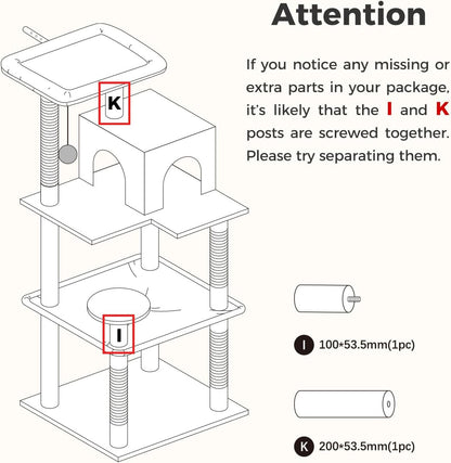 Cat Tree for Indoor Cats, 45.7" Multi-Level Cat Tower with Large Metal Frame Hammock, Cat Condo with 4 Scratching Posts and Top Perch for Small Medium Cat, Beige