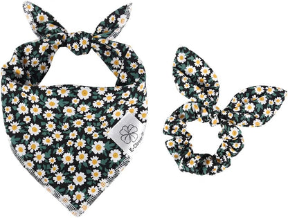 E-Clover Dog Bandanas & Matching Scrunchie Set Girl Dog Scarf Bibs with Bow Scrunchie for Small Dogs Puppy Pet Owner Gifts Flower Black