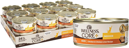 Wellness CORE+ Indoor Pate Adult Wet Cat Food, Natural, Protein-Rich, Grain Free, 5.5 Ounce, 24 Pack (Chicken & Chicken Liver)