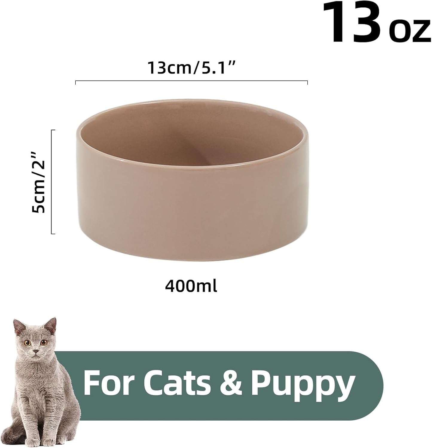 Ceramic 5.1inch Set of 2 Dog and Cat Bowls, 2pcs Anti-Slip Food and Water Feeder Dishes for Puppies, Kitties, Cats(2 Bowls, Brown Coffee)