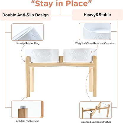 SPUNKYJUNKY Elevated Dog Bowls Ceramic, 8.3'' Dogs Food Water Bowls Raised with Non-Slip Bamboo Stand for Large Sized Breed Microwave Dishwasher Safe - 60 OZ,Paw White