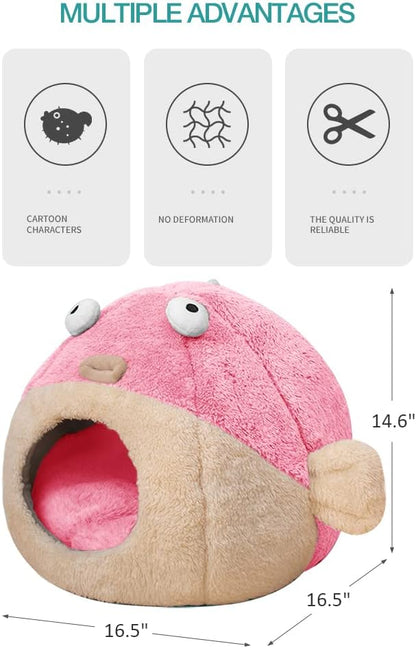 Cat Beds for Indoor Cats - Cat Bed Cave with Removable Washable Cushioned Pillow, Soft Plush Premium Cotton No Deformation Pet Bed, Lively Pufferfish Cat House Design, Pink, Multiple Sizes(L)