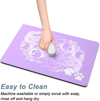 Rnivvi Dog Food Mat, 16" x 24" Footprint Absorbent Dog Cat Bowl Mat for Food and Water, Cute Anti-Slip Rubber Pet Feeding Rug Protect Floors, Puppy Placemat for Feeding & Watering Supplies, Purple