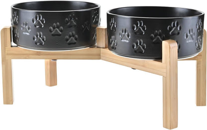 SPUNKYJUNKY Elevated Dog Bowls Ceramic, 7.3'' Dogs Food Water Bowls Raised with Non-Slip Bamboo Stand for Medium to Large Sized Breed Microwave Dishwasher Safe - 42 OZ,Paw Black