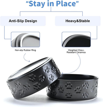 SPUNKYJUNKY Ceramic Dog Bowls 2 Pack, 7.3'' Dog Food Water Double Feeding Bowls Non-Slip for Medium to Large Sized Breed Microwave Dishwasher Safe - 42 OZ, 2pcs, Paw Black