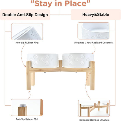 SPUNKYJUNKY Elevated Dog Bowls Ceramic, 7.3'' Dogs Food Water Bowls Raised with Non-Slip Bamboo Stand for Medium to Large Sized Breed Microwave Dishwasher Safe - 42 OZ,Paw White