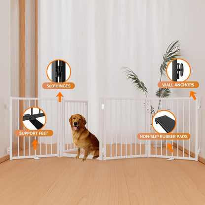 Full Metal Freestanding Dog Gate with Door, 24'' Height Foldable Pet Dog Fence for Indoor & Outdoor, 4 Panels Extra Wide Free Standing SmallDog Gates for Doorways,House,Stairs,Porch,Deck,Yard