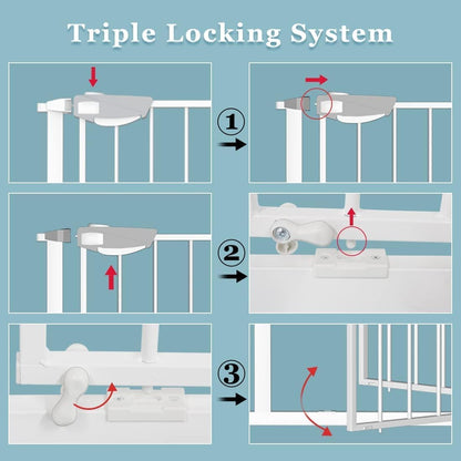 WAOWAO Triple Lock 49.21-66.54" Baby Gate Extra Wide Pressure Mounted Walk Through Swing Auto Close Safety White Metal Dog Pet Puppy for Stairs,Doorways,Kitchen