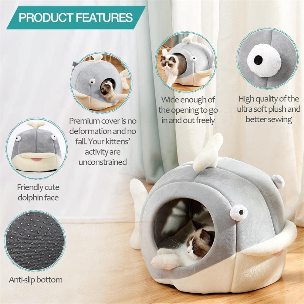Lcybem Cat Beds for Indoor Cats - Cat Bed Cave with Removable Washable Cushioned Pillow, Calming Cozy Soft Cat Cave, Cute Friendly Dolphin Cat Houses for Indoor Cats No Deformation Pet Bed, L