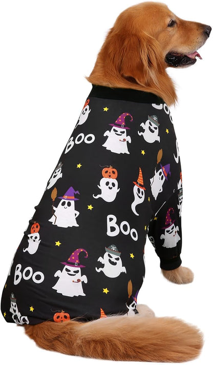 HDE Dog Pajamas One Piece Jammies Jumpsuit Pet Clothes Outfit Stretchy Lightweight Comfy Shirt Pjs for M-3XL Dogs Cute Ghosts - 3XL