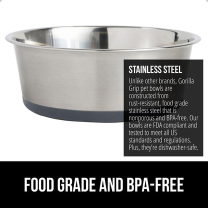 GORILLA GRIP Set of 2 Dog Bowls, Heavy Duty Metal Food and Water Bowl for Feeding Dogs and Cats, Dishwasher Safe, Rust Resistant Stainless Steel, BPA Free Rubber Base, Holds 1 Cup (8 fl oz), Gray