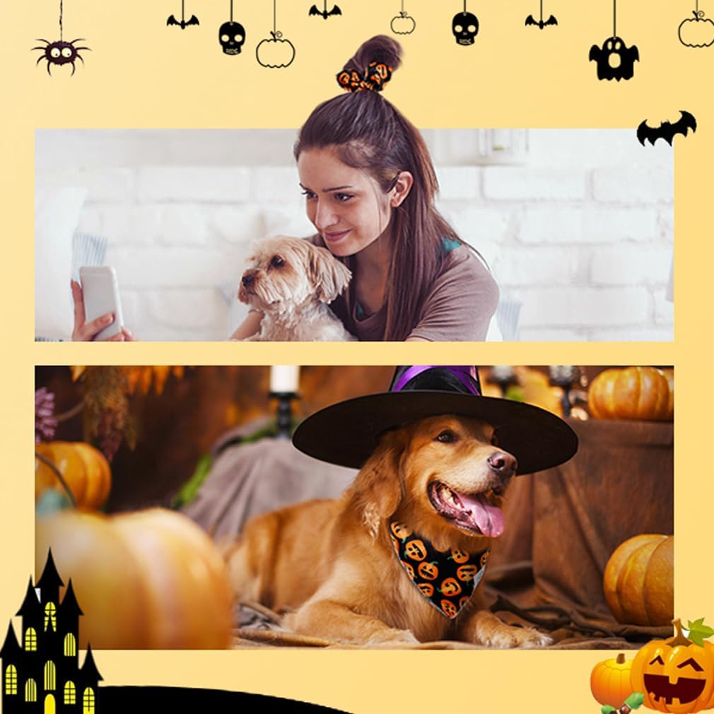 E-Clover Halloween Dog Bandanas & Matching Scrunchie Set Pumpkin Dog Scarf Kerchiefs Pet Outfit for Medium Large Dogs Owner Mom Orange Black Fall