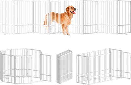 Full Metal Freestanding Dog Gate with Door, 36''Height Foldable Pet Dog Fence for Indoor & Outdoor, 8 Panels Extra Wide Free Standing TallDog Gates for Doorways,House,Stairs,Porch,Deck,Yard