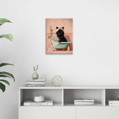Cat Bathroom Wall Decor Black Cat Reading Newspaper in Bathtub Canvas Wall Art Funny Bathroom Pictures Kitten Painting Print Pink Artwork Framed Decorations Gifts 12"x16"