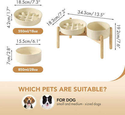 Ceramic Raised Slow Feeder Dog Bowl Set, Elevated 6.1inch Bowl and 7.3inch Slow Pet Food Dish with Wooden Stand for Small and Medium Dog (2 x Beige+ Stand)