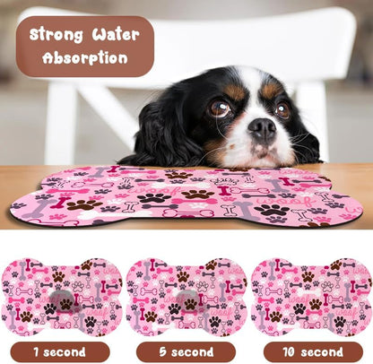 Dog Food Mats for Floors Waterproof, Pet Feeding Absorbent Water Bowl Mat Cat Placemats Pink Bone Shape 23.6 * 15.7 inch