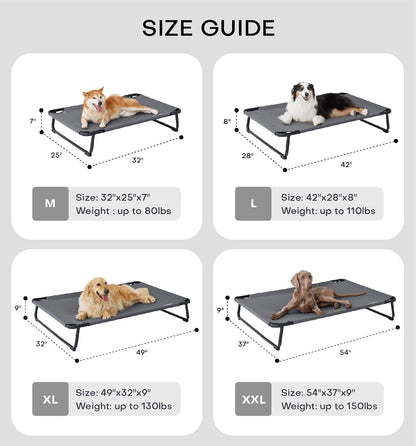 Made4Pets Outdoor Elevated Dog Bed for Large Dogs - Cooling Raised Pet Cot with Skid-Resistant Feet, Tool-Free Setup, Chew-Resistant Frame, Washable Mesh Hammock, Indoor & Outdoor Use, 42"x28", Gray