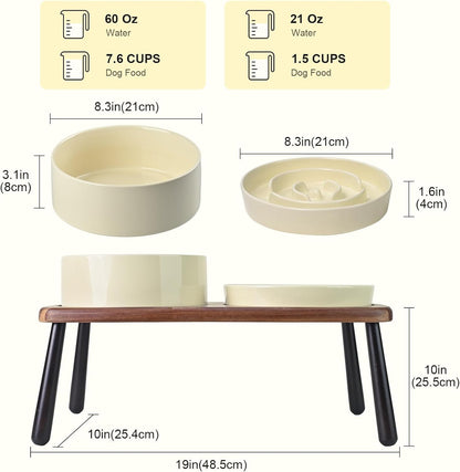 SPUNKYJUNKY Ceramic Elevated Dog Bowls with Slow Feeder Raised Acacia Bamboo Wooden Stand, 8.3'' Dog Food Water Bowls Set Non-Slip for Medium Large Sized Breed Microwave Dishwasher Safe - Beige