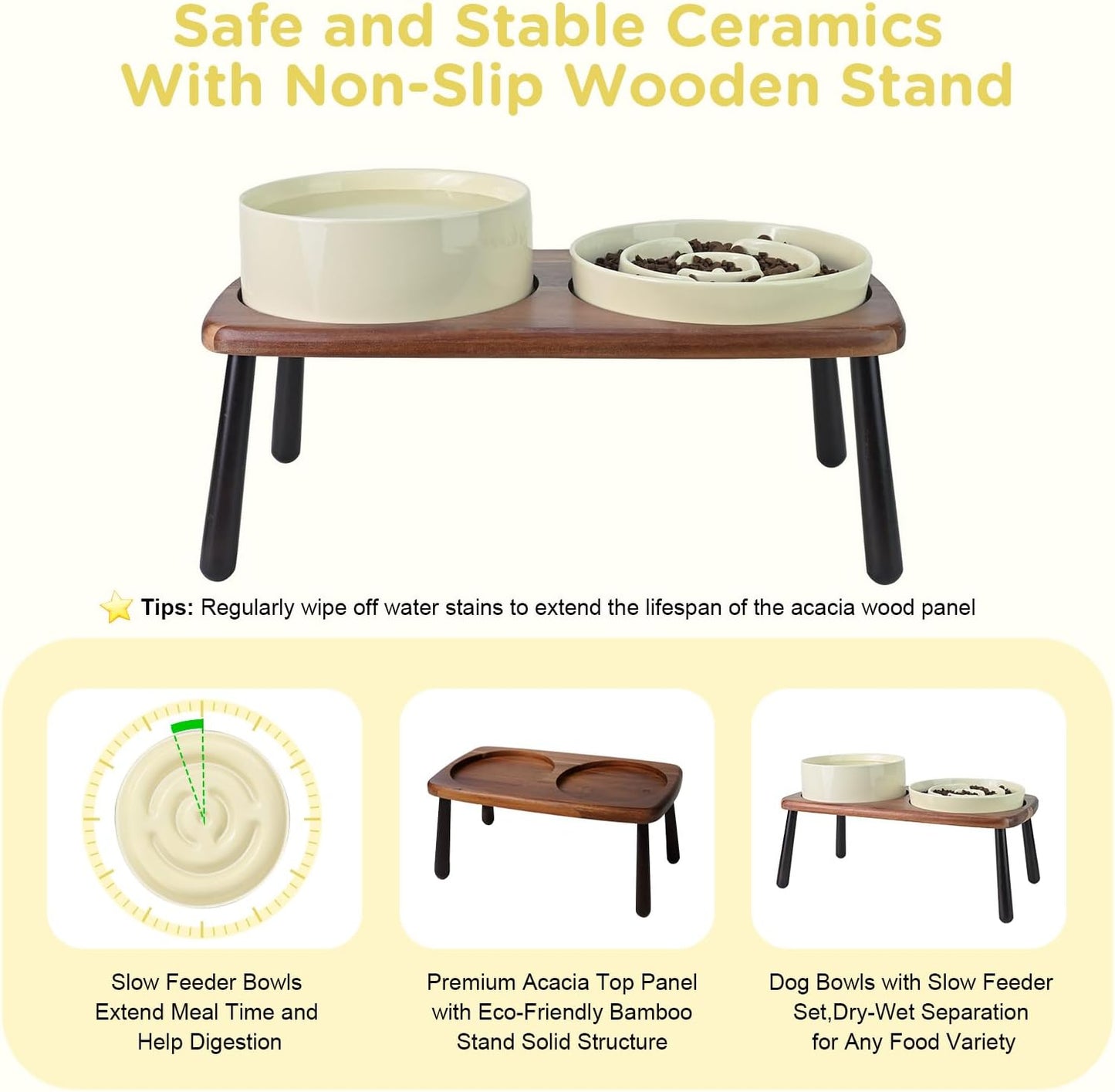 SPUNKYJUNKY Ceramic Elevated Dog Bowls with Slow Feeder Raised Acacia Bamboo Wooden Stand, 8.3'' Dog Food Water Bowls Set Non-Slip for Medium Large Sized Breed Microwave Dishwasher Safe - Beige