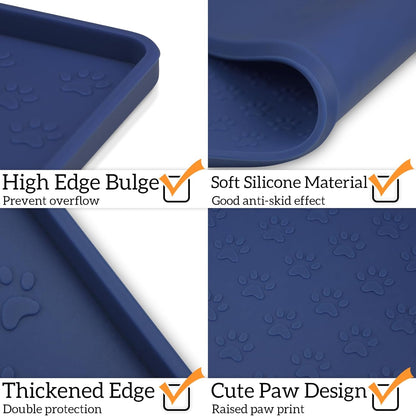Ptlom Pet Placemat for Dog and Cat, Waterproof Non-Slip Silicone Feeding Bowl Mat Prevent Food and Water Overflow, Puppy Dish Feeder Fountain Trays Suitable for Medium and Small Pets, Navy Blue
