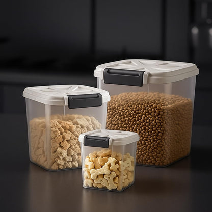 Airtight Dog Food Storage Container 20 lbs, Pet Food Storage Bin with Lid 4 lbs & 6 lbs & 10 lbs, 3 Pack, Cat Treat Container, Stackable, 3 Measuring Cup, Save Space,White