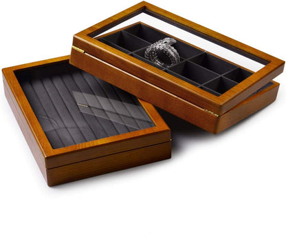 Oirlv 12 Grids Vintage Solid Wood Jewelry Box Microfiber Lining Earrings Bracelets Necklace Storage Jewelry Drawer Organizer Tray with Lid