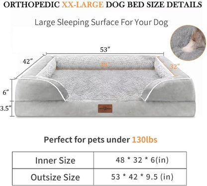 Comfort Expression XXL Dog Beds Waterproof for Extra Large Dogs, Orthopedic Memory Foam Dog Bed for Giant Dogs, Washable Pet Sofa Couch with Bolster & Removable Cover(XX-Large,Light Grey)