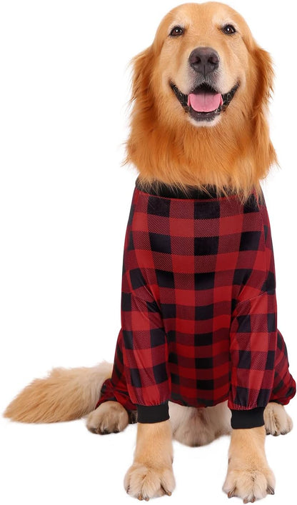 HDE Dog Pajamas One Piece Jammies Jumpsuit Pet Clothes Outfit Stretchy Lightweight Comfy Shirt Pjs for M-3XL Dogs Buffalo Plaid - M