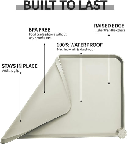 Waterproof Pet Feeding Mat with High Raised Edges, Heavier and Thicker Placemats for Cat Dog Water Bowl with BPA Free, Dogs Cats Food Mats for Messy Drinkers to Prevent Spill and Protect Floors