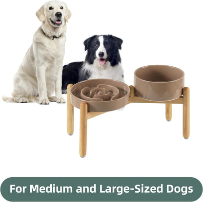 Ceramic Raised Slow Feeder Dog Bowl Set, Elevated 7.3inch Bowl and 8.2inch Puzzle Slow Dish with Wooden Stand for Medium and Large Dog, Anti-Gulping (2X Brown Coffee+ Stand)