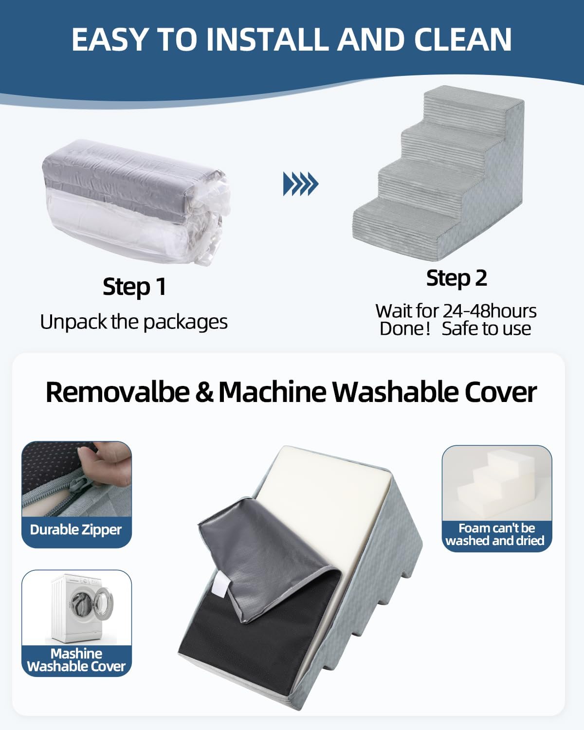 Dog Stairs for Small Dogs,13" H,3-Step Dog Steps for Bed and Couch with High Density Foam,Non-Slip Pet Steps for Doggy and Cat,Pet Stairs with a Washable Cover,Grey