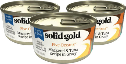 Five Oceans Solid Gold Wet Cat Food Shreds in Gravy - 3 Count Sample Pack - Real Tuna & Mackerel Cat Food for All Ages - Grain Free, Sensitive Stomach
