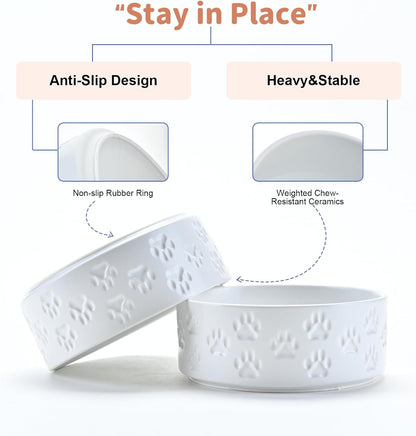 SPUNKYJUNKY Ceramic Dog and Cat Bowls 2 Pack, 5.1'' Dog and Cat Food Water Double Feeding Bowls Non-Slip for Cats and Puppy Small Sized Breed Dogs Microwave Dishwasher Safe - 13.5 OZ, 2pcs, Paw White