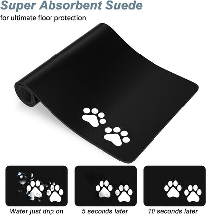 Rnivvi Dog Food Mat, 16" x 24" Footprint Absorbent Dog Cat Bowl Mat for Food and Water, Cute Anti-Slip Rubber Pet Feeding Rug Protect Floors, Puppy Placemat for Feeding & Watering Supplies, Black