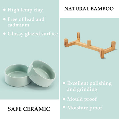 SPUNKYJUNKY Ceramic Dog and Cat Bowl Set with Wooden Stand, Modern Cute Weighted Food Water Set for Small Size Dogs (13.5OZ) & Medium Sized Dogs (28.7OZ) & Cats (1.7 Cups, 2 × Light Green)