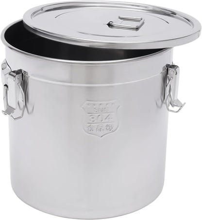 DYNAMI 8.7Gal 304 Stainless Steel Airtight Container with Lid and Locking Clamp,28-60Lbs Metal Bucket Large Food Storage Container Stainless Steel Milk Can,for Rice, Flour,Oil,Soup(33L)