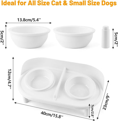 Elevated Cat Bowls, Tilted Rised Cat Food and Water Bowl with 2 Pcs Ceramic Pet Bowls, Rised Stand, Pet Dish Anti Vomiting Feeding Station for All Sized Cats & Small Dogs (White)
