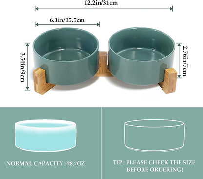 SPUNKYJUNKY Ceramic Dog and Cat Bowl Set with Wooden Stand, Modern Cute Weighted Food Water Set for Small Size Dogs (13.5OZ) & Medium Sized Dogs (28.7OZ) & Cats (3.6 Cups, 2 × Light Green)