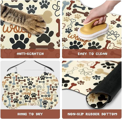 Dog Food Mats for Floors Waterproof, Pet Feeding Absorbent Water Bowl Mat Cat Placemats Beige Bone Shape 25.5 * 17 inch