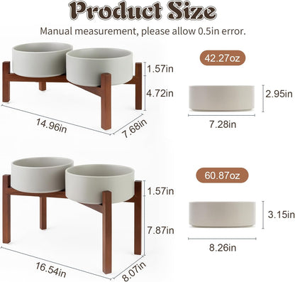 SPUNKYJUNKY Raised Ceramic Dog Bowls Set with Non-Slip Acacia Wood Stand for Large Sized Dog(60.87 OZ, Gray)