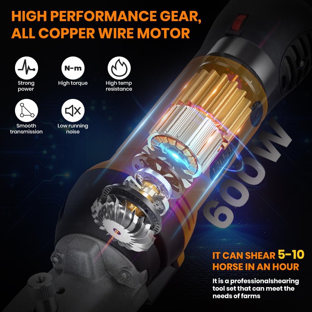 Horse Clippers Professional Electric horse Grooming Kit, Shaving Equine Clippers for Horses Goat Cattle Thick Coat Animals, 6 Speeds Large Heavy Duty Farm Livestock Haircut Trimmer （600W, 2 Blades）