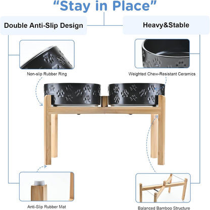 SPUNKYJUNKY Elevated Dog Bowls Ceramic, 8.3'' Dogs Food Water Bowls Raised with Non-Slip Bamboo Stand for Large Sized Breed Microwave Dishwasher Safe - 60 OZ,Paw Black