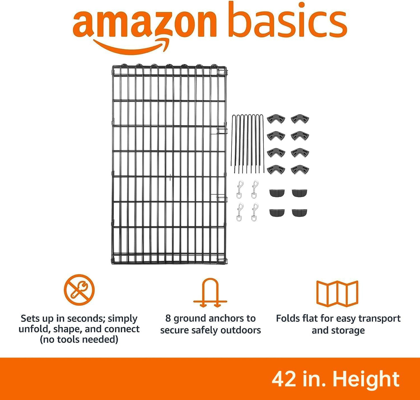 Amazon Basics Foldable Octagonal Metal Exercise Dog Playpen - Indoor/Outdoor, No Door, Large (8 Panels, 24 x 42), Easy to assemble, store, and customize, 42" - Large, Black