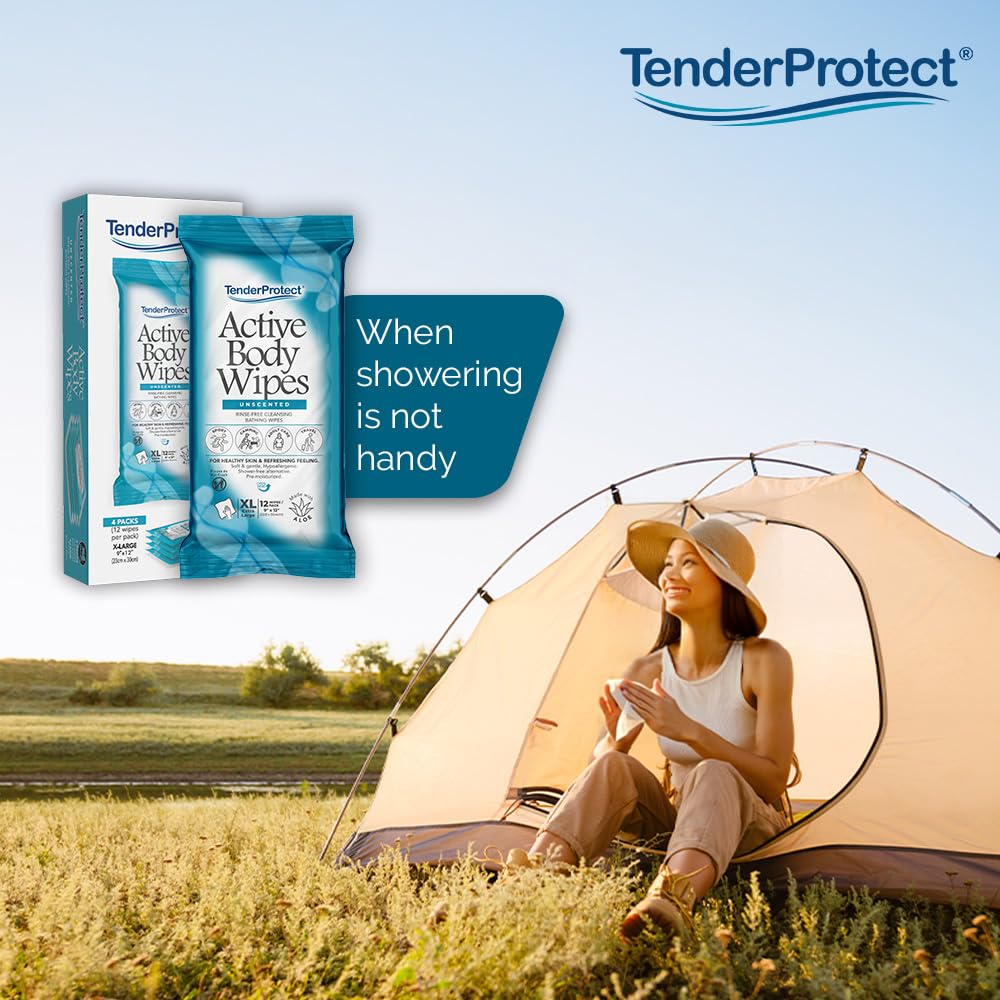 Active Body Wipes, XL Rinse-Free Shower Wipe for Adults, 9" x 12" Extra Large, Aloe, No Rinse Bath Wash Cloth - Gym, Sports, Travel, Camping, Elderly Care, Portable 12 Ct Packs (48 ct)