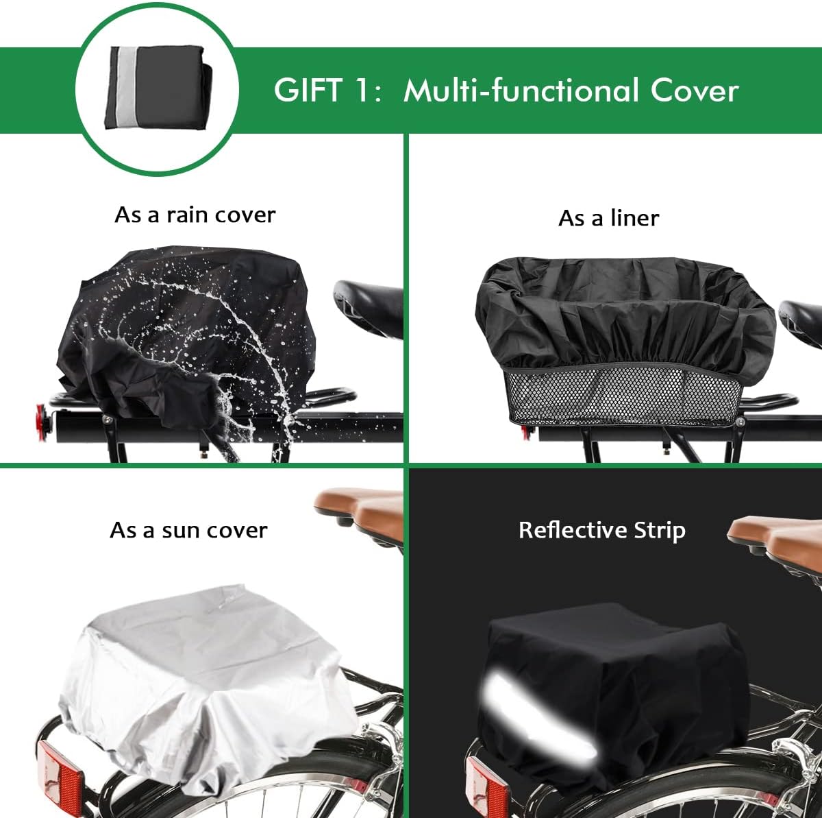 Rear Bike Basket, Tool-Free Install, Dog/Pet Carrier, Ebike Electric Bicycle Back Cargo Basket, Fits Most Rear Racks, with Waterproof Cover, Cargo Net