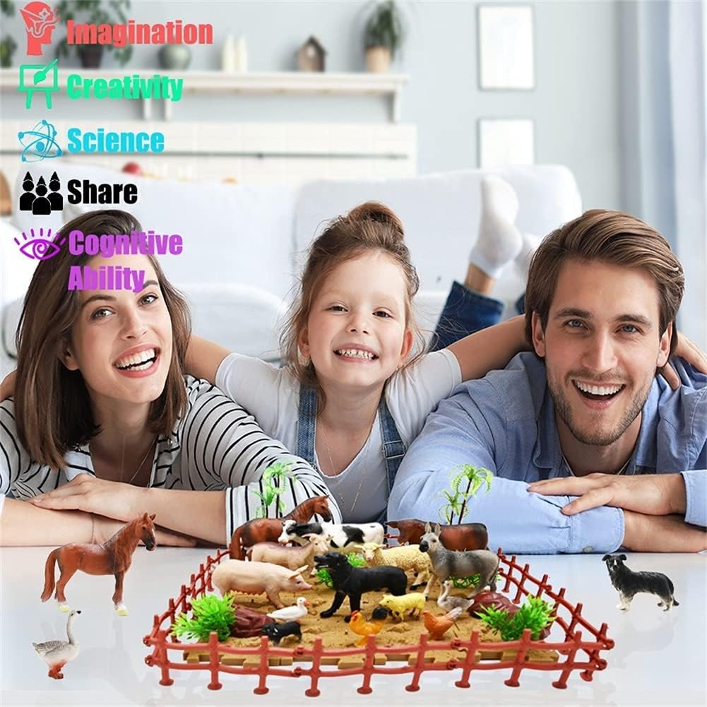 Farm Animal Figurines, Realistic Plastic Animals Toys with Fences Building Blocks, Farm Figures Playset Educational Birthday Gift for Kids & Toddlers, 53 PCS