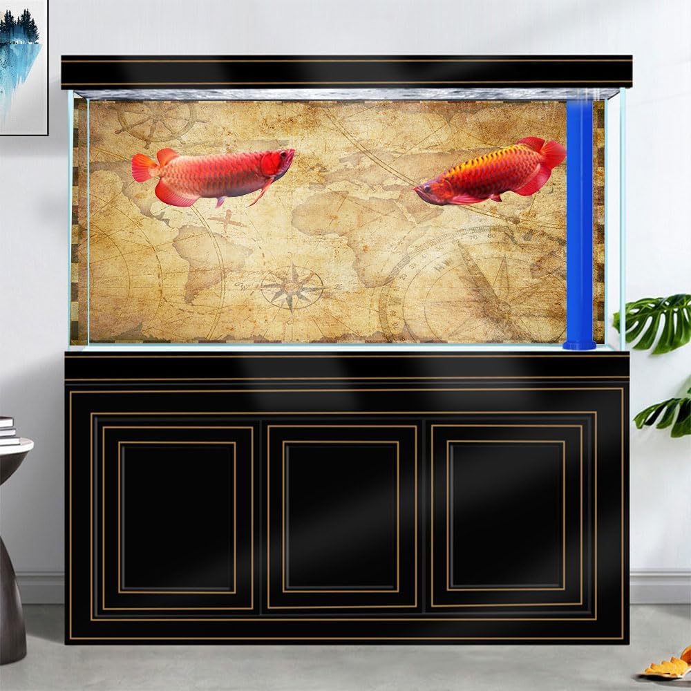 36X20IN Retro Old Travel World Map Terrarium Background, Art Parchment Pirate Treasure Map Reptile Habitat Background with 10EVA Double-Sided Tape