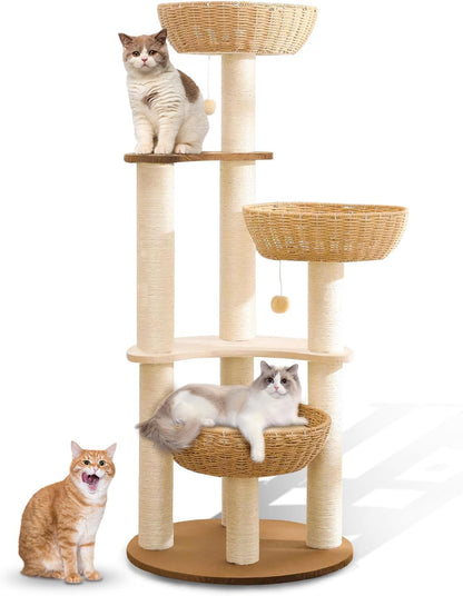 52" Modern Cat Tree Tower for Large Cats, 3Cat Nests Manual Hand Woven Multilevel Huge Paws Pals Cat Tree, Wood Cat Tower, Cat Scratching Tree, Cat Condo, Cat Lover Gift